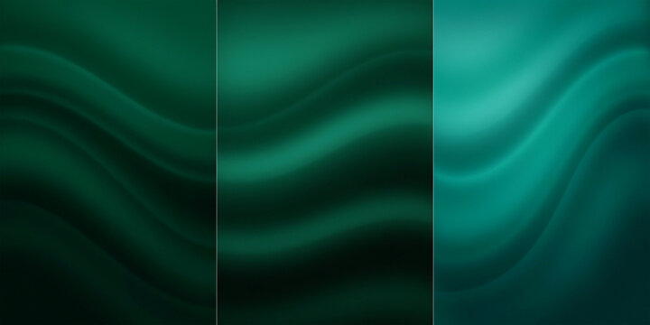 Three abstract emerald green backgrounds with wavy flowing silk fabric textures