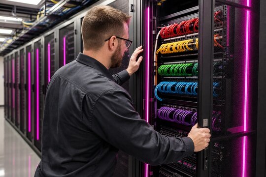 Technician Opening Rack Door Revealing Colorful Organized Patch Panel Cables