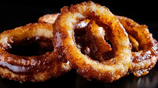 Close-up of Crispy Fried Onion Rings on Dark Background