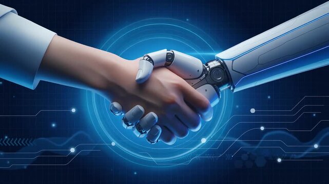 Human and robot handshake symbolizing technology partnership and artificial intelligence collaboration