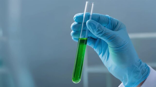Scientist holding test tube with green liquid in laboratory research experiment