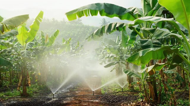Banana plantation with automated irrigation system spraying water on healthy green plants