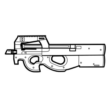 Black and white line art illustration of a P90 style compact submachine gun with distinctive bullpup design and integrated grip, shown in side view and isolated as a PNG graphic