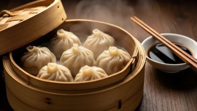Steaming hot traditional Chinese dumplings in a bamboo steamer with soy sauce.