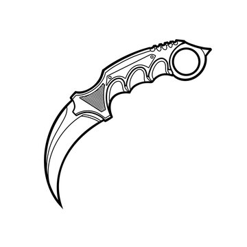 Black and white line art illustration of a karambit knife with a curved claw-shaped blade and finger ring handle, shown in side view and isolated  as a PNG graphic.