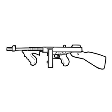 Black and white line art illustration of a classic Tommy Gun style submachine gun with wooden-style stock and foregrip, shown in side view as a PNG graphic.