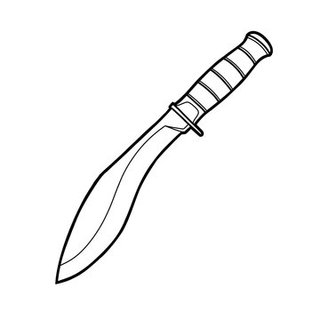 Black and white line art illustration of a traditional kukri knife with a distinctive curved blade and wrapped handle, shown in side view and isolated as a PNG graphic