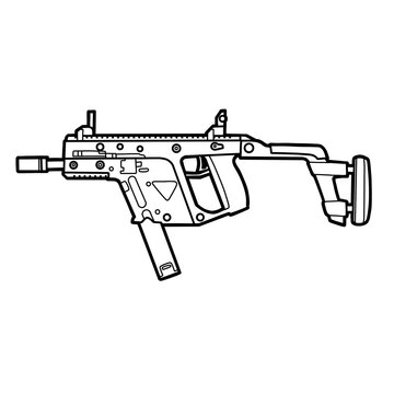 Black and white line art illustration of a KRISS Vector style submachine gun with distinctive angular body, magazine and folding stock, shown in side view and isolated as a PNG graphic