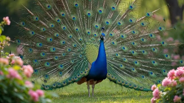 Majestic peacock displaying its vibrant, fanned tail feathers in a lush garden.