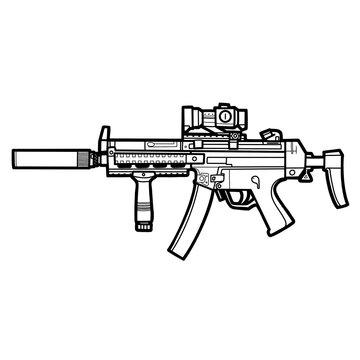 Black and white line art illustration of an MP5N style tactical submachine gun with suppressor, optic sight, vertical foregrip and curved magazine, isolated as a PNG graphic.