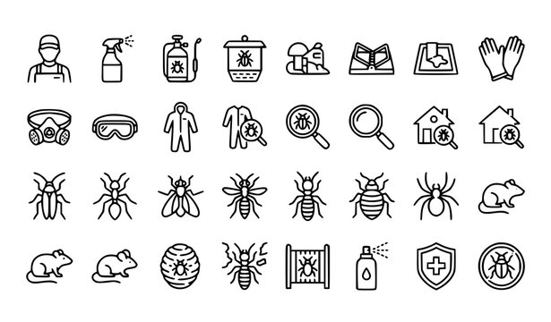 Pest Control Insect Extermination and Hygiene Service Line Icons