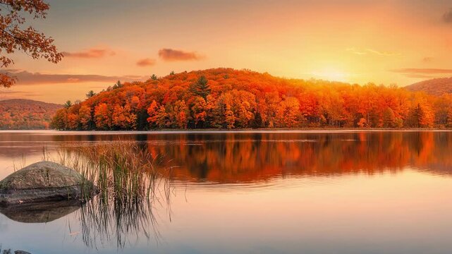 Beautiful autumn forest landscape with colorful fall foliage reflected on calm lake at sunset