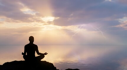 Fototapeta premium Person Meditating on Rock During Sunset with Lightning over Mountain Lake