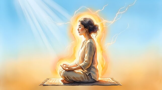 Serene Woman Meditating in Sunlight with Aura and Lightning Effects