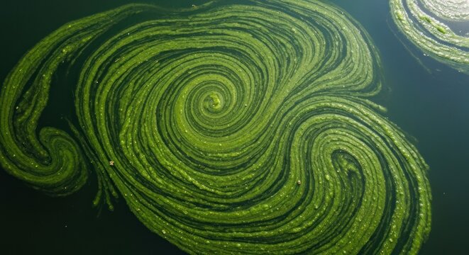 Swirling pattern of green algae on dark water surface, forming a natural spiral design