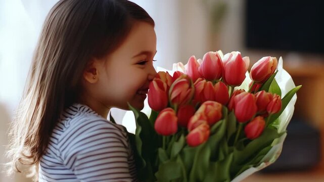 Happy girl smiling with a bouquet of red tulips