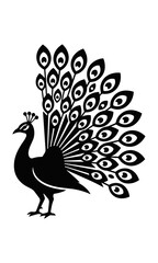 Fototapeta premium Minimalist black silhouette of a standing peacock with a fanned tail and stylized eye patterns isolated on white background elegant nature design concept
