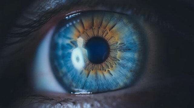 Close up of a human blue eye showing detailed colorful iris and pupil with natural light reflections