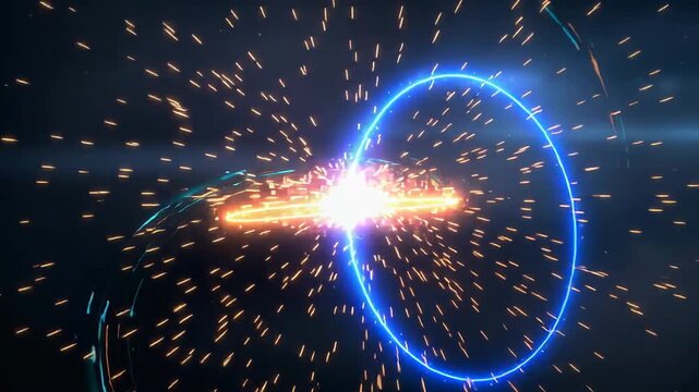 Futuristic glowing energy rings with sparks and light particles in dark space background