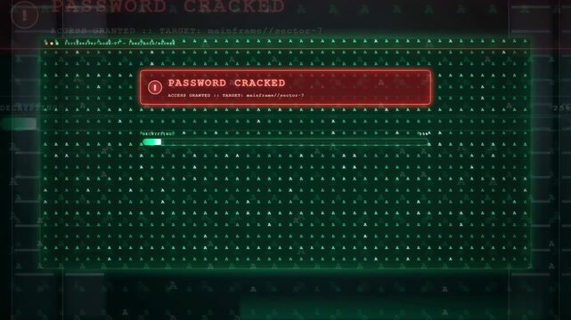 Digital screen displaying password cracked notification with loading bar and green matrix data background