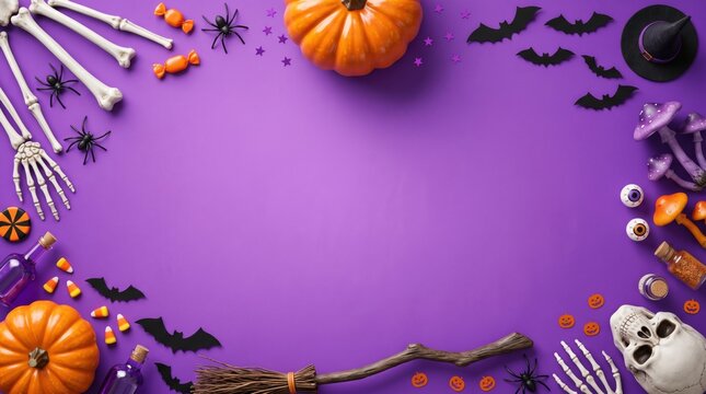 A vibrant flat lay, top down view of festive halloween decorations, including pumpkins, skeleton hands, and bats, creating a spooky border on a violet background with ample copy space.
