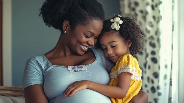 Pregnant African American Mother and Daughter Bonding with Her Belly