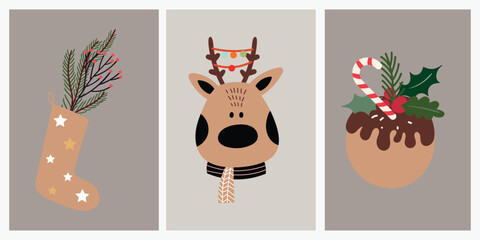 Naklejka premium Scandinavian Christmas vector posters featuring a cute reindeer head, festive stocking with pine branches, and holiday pudding. Minimalist winter greeting cards with earthy neutral colors.