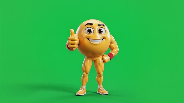 3d emoji muscular yellow character flexing on green screen background