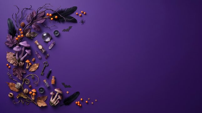 A mystical crescent of dark halloween decorations, including natural elements, is artfully arranged flat lay, top-down on a violet background with copy space.