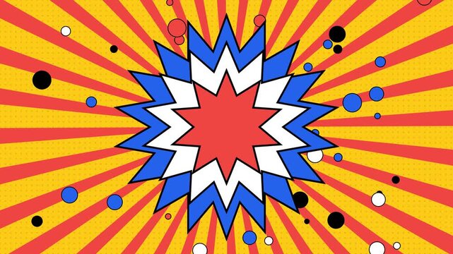 Dynamic sunburst animation with vibrant comic book style star patterns and floating polka dot shapes for modern digital motion footage