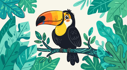 Naklejka premium Vibrant toucan bird perched on wooden branch surrounded by tropical monstera leaves and pink hibiscus flowers