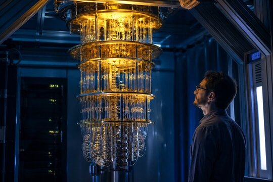 Quantum Computing Cryostat Chandelier Of Golden Cables In Dim Research Lab