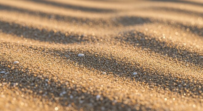 Macro view of golden beach sand grains shimmering in warm sunset light creates beautiful natural texture for summer vacation theme.