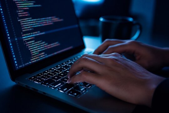 Hands Coding On Laptop Keyboard Under Cool Sapphire Desk Light
