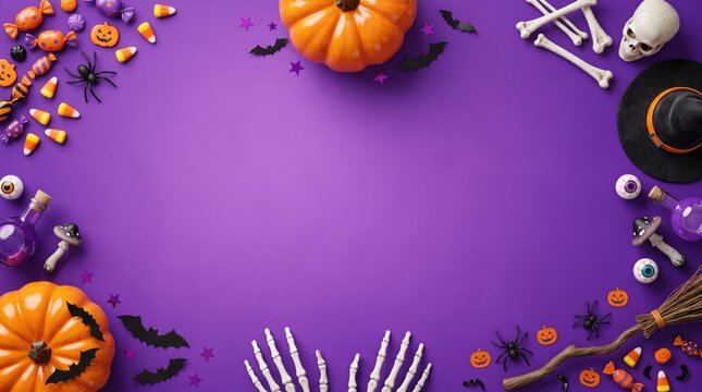 Vibrant flat lay, top-down halloween decor, like pumpkins, candy, witch hat, arranged on a violet background with copy space.