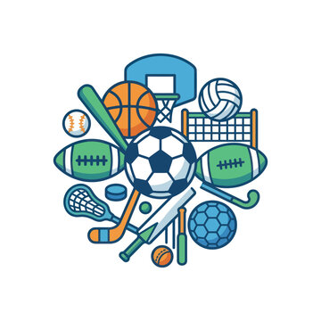 Diverse Sports Equipment Collage - Team Games and Athletics Illustration