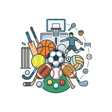 Diverse Sports Equipment Collage: Balls, Bats, Rackets, and More