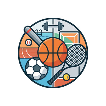 Diverse Sports Equipment Collage: Basketball, Soccer, Tennis, Baseball, Gym