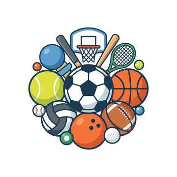 Diverse Sports Equipment Collage: Balls, Bats, Racquets, and Hoop