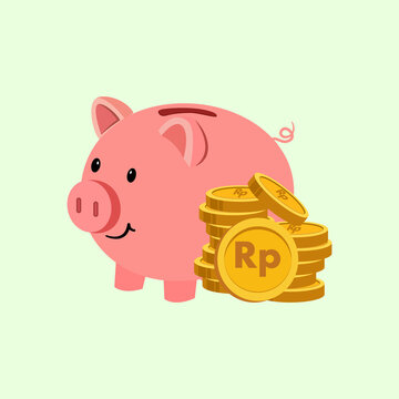 A charming pink piggy bank with a smiling face stands next to a stack of golden coins clearly marked with the Rupiah (Rp) symbol. This flat illustration represents saving and finance.
