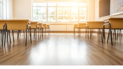 Fototapeta premium Wooden Laminate Floor Bright Classroom With Clean Desks, digital innovation, artificial intelligence and connected business technology