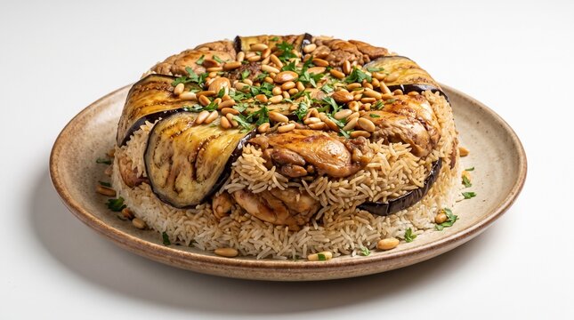 Authentic Middle Eastern maqluba isolated on white background, ideal for restaurant menus, food branding, culinary publications, and packaging design.