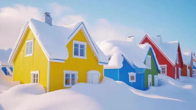 Colorful Scandinavian Houses with Snow-Covered Roofs in Winter