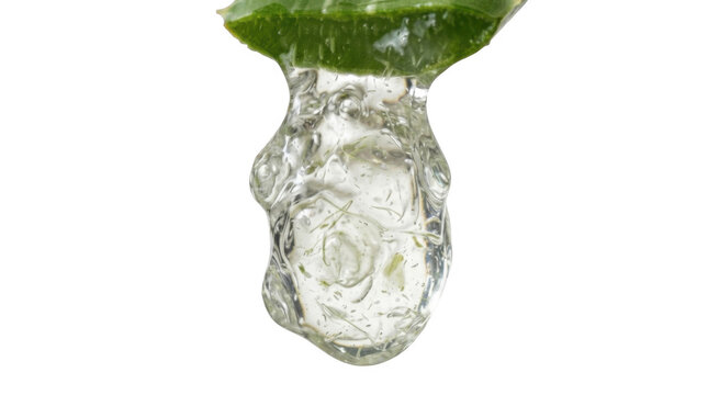 Aloe vera gel drop dripping from a green fresh leaf isolated on transparent background.