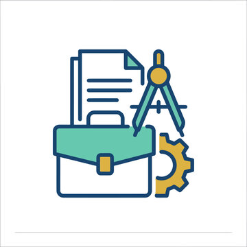 Engineering blueprint, technical drawing, and briefcase icon for business concept