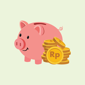 A charming pink piggy bank with a smiling face stands next to a stack of golden coins clearly marked with the Rupiah (Rp) symbol. This flat illustration represents saving and finance.