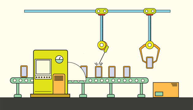 An automatic assembly line factory conveyor belt illustration, industrial manufacturing process vector, automated robotic arm machine, production line factory background, packAdobe Illustrator Artwork
