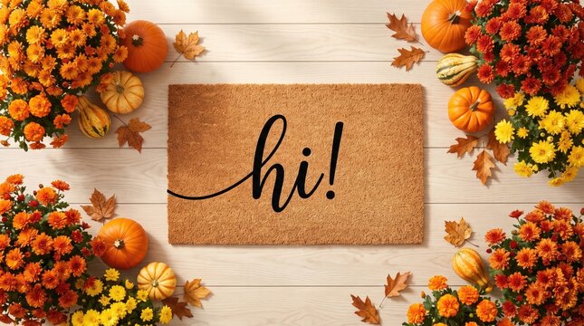 Coir doormat with hi text surrounded by autumn flowers and pumpkins