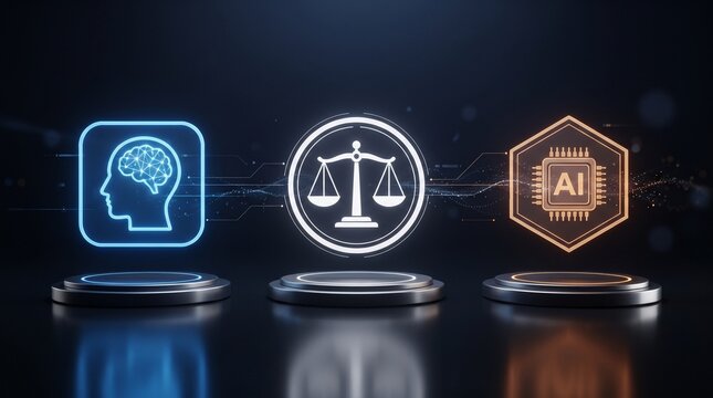Artificial intelligence ethics and law regulation with glowing holograms of brain, scales, and chip