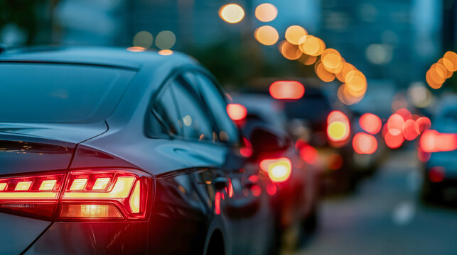 Evening traffic jam in urban city with cars brake lights glowing in rush hour congestion on busy street
